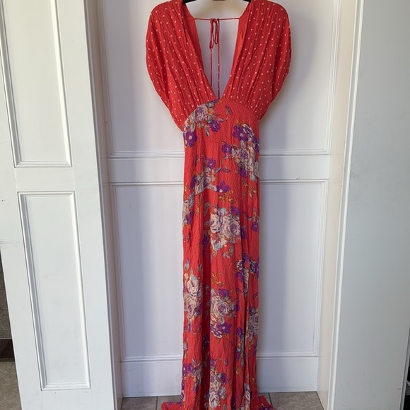 Free People Juniper V Neck Maxi Dress Floral Polka Dot Empire Waist X-LARGE - Picture 2 of 14